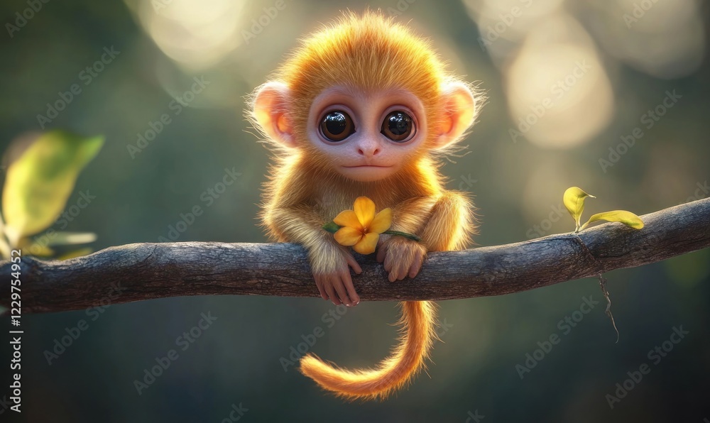 Fototapeta premium Adorable Golden Monkey on Branch Holding a Flower