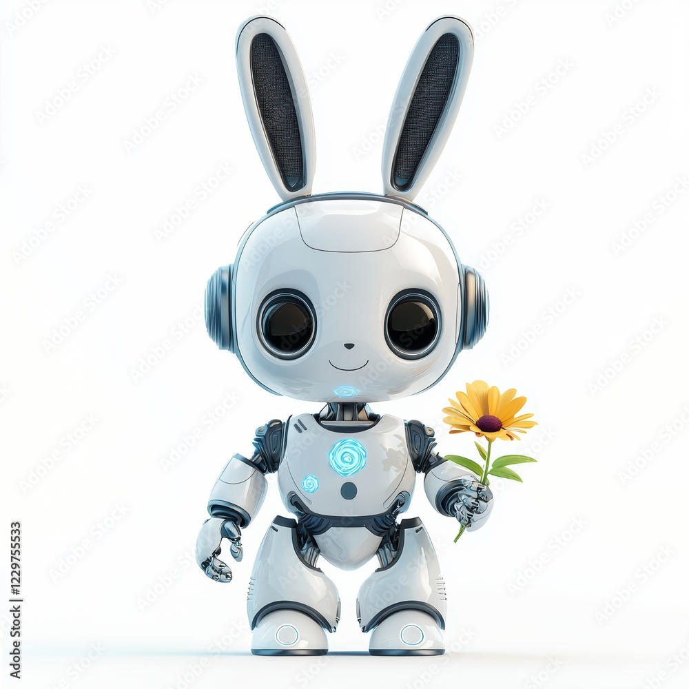 robot with bunny ears and a cheerful face, holding a flower, centered on a clean white background