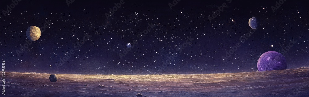 Naklejka premium Beautiful illustration of a cosmic scene with planets, stars, and nebulae. Ideal for sci-fi, astronomy, and fantasy-related projects or educational materials.