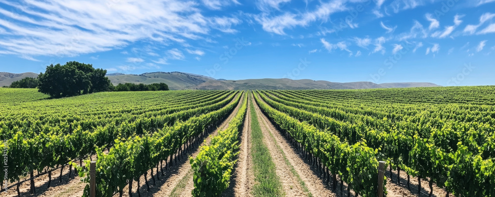 Vast Green Vineyard Under Blue Sky and White Clouds banner Vast Green Vineyard Under Blue Sky and White Clouds banner