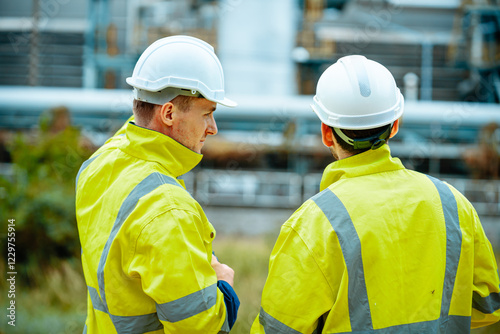 Workers in safety gear discussing operational matters at an industrial site during daylight hours
