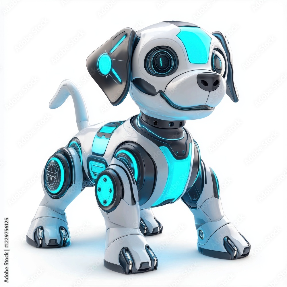 robotic dog with vibrant blue panels and a wagging tail, centered on a clean white background robotic dog with vibrant blue panels and a wagging tail, centered on a clean white background