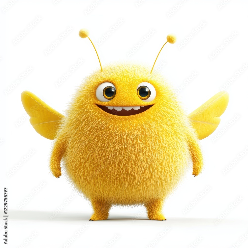 Naklejka premium yellow fluffy monster with a round body, small wings, and a cheerful expression, isolated on a clean white background