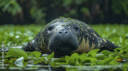 A manatee rests in water amongst green leaves, looking serene and content, AI generated photo