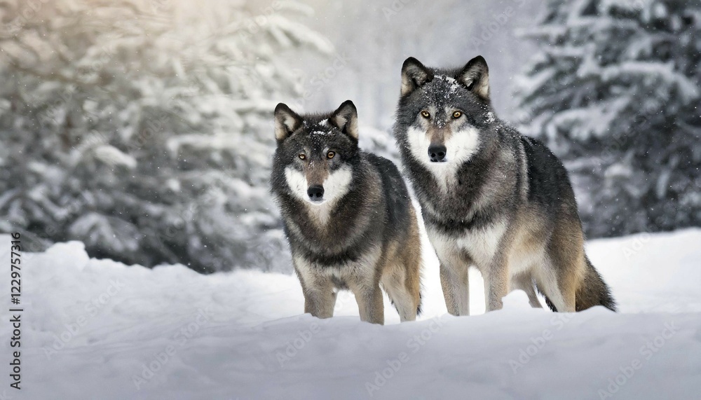 AI generated, animal, animals, mammal, mammals, biotope, habitat, two black wolves, algonquin wolves (Canis lupus lycaon), Bavarian Forest, Germany, Europe