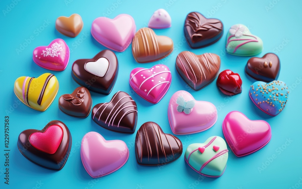 Obraz premium n assortment of colorful heart-shaped candies and chocolates, artistically arranged on a bright sky-blue-to-turquoise gradient background. Valentines Day and 8 March theme