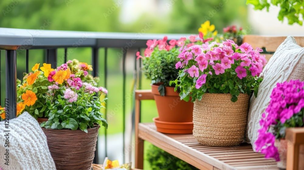 Obraz premium A modern apartment balcony filled with vibrant potted plants and wooden furniture.