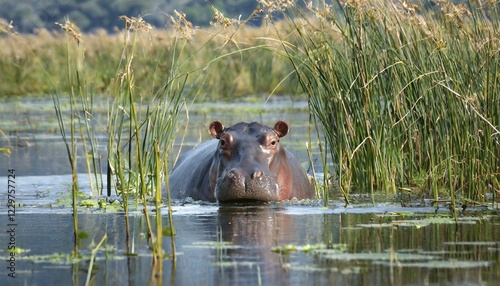 KI generated, animal, animals, mammal, mammals, biotope, habitat, one, individual animal, foraging, wildlife, hippopotamus, hippopotamus, hippopotamus, (Hippopotamus amphibicus), water, waters, Botswana, Africa