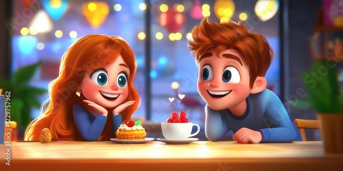 A cozy cafe setting featuring two friends sharing a laugh over coffee, warm smiles and playful banter showcasing first love, with colorful pastries on the table
