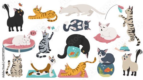 Cartoon cat characters collection. Different cat`s poses, yoga and emotions set. Flat color simple style design. Vector illustration