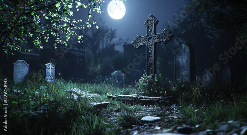 Gothic graveyard illuminated by moonlight creates an eerie and enchanting atmosphere in the nocturnal landscape photo