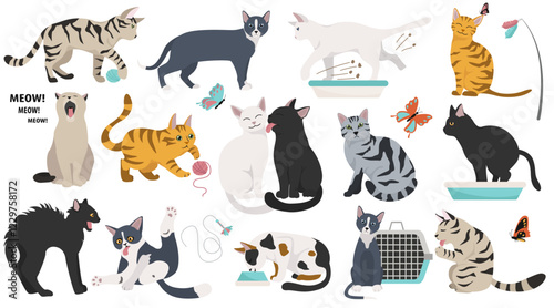 Cartoon cat characters collection. Different cat`s poses, yoga and emotions set. Flat color simple style design. Vector illustration