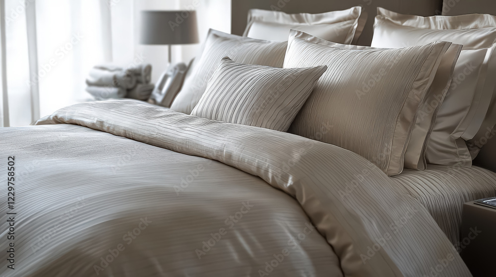 Obraz premium A hotel bed with neutral linens, accented with a single striped pillow for a modern touch