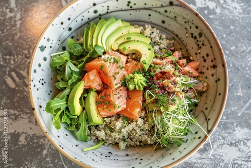 A vibrant and healthy salmon poke bowl with avocado, quinoa, and fresh sprouts, AI generated photo