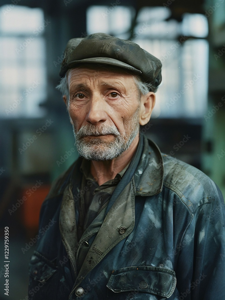 Elderly man with a cap, showing resilience in a gritty workshop setting, AI generated Elderly man with a cap, showing resilience in a gritty workshop setting, AI generated