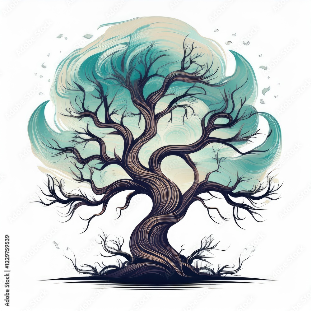 A majestic, leafless tree is dramatically depicted against a vibrant teal and beige abstract background. A majestic, leafless tree is dramatically depicted against a vibrant teal and beige abstract background.