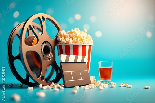 Popcorn, 3D glasses, film reel and clapboard on a blue background. Minimalist creative concept. Cinema, movie, entertainment concept. 3d render illustration photo