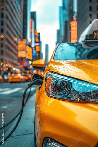 close-up of an electric taxi charging at a public station, urban cityscape in background, eco-friendly transportation.