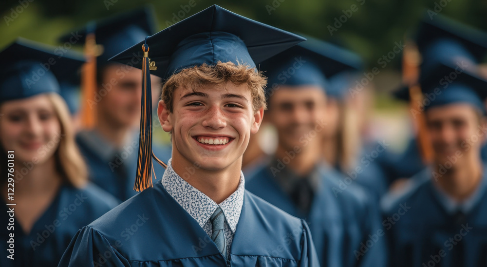 Fototapeta premium High school students celebrate graduation with smiles and pride in their caps and gowns during the ceremony
