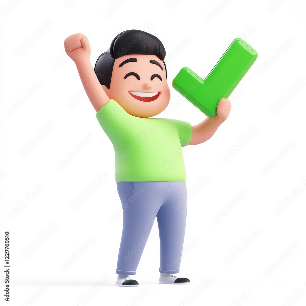 A cartoon man enthusiastically holds a green check mark in his hand A cartoon man enthusiastically holds a green check mark in his hand