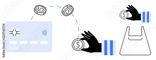 Credit card transacting with coins and hand placing coin into shopping bag. Ideal for online shopping, finance, digital wallets, e-commerce, cashless payments, modern economy, spending abstract line