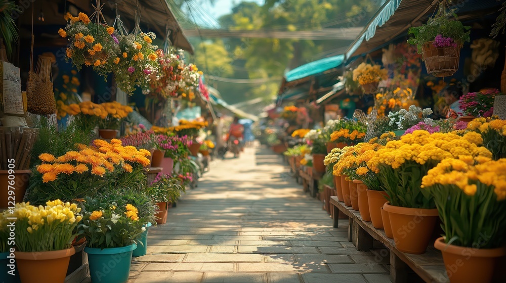 Fototapeta premium vibrant thai pongal market bustling with people buying sugarcane, turmeric, clay pots, and colorful flowers