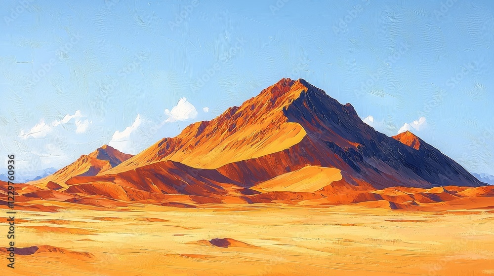 Naklejka premium Majestic desert landscape with rolling sand dunes and mountainous terrain under a clear blue sky