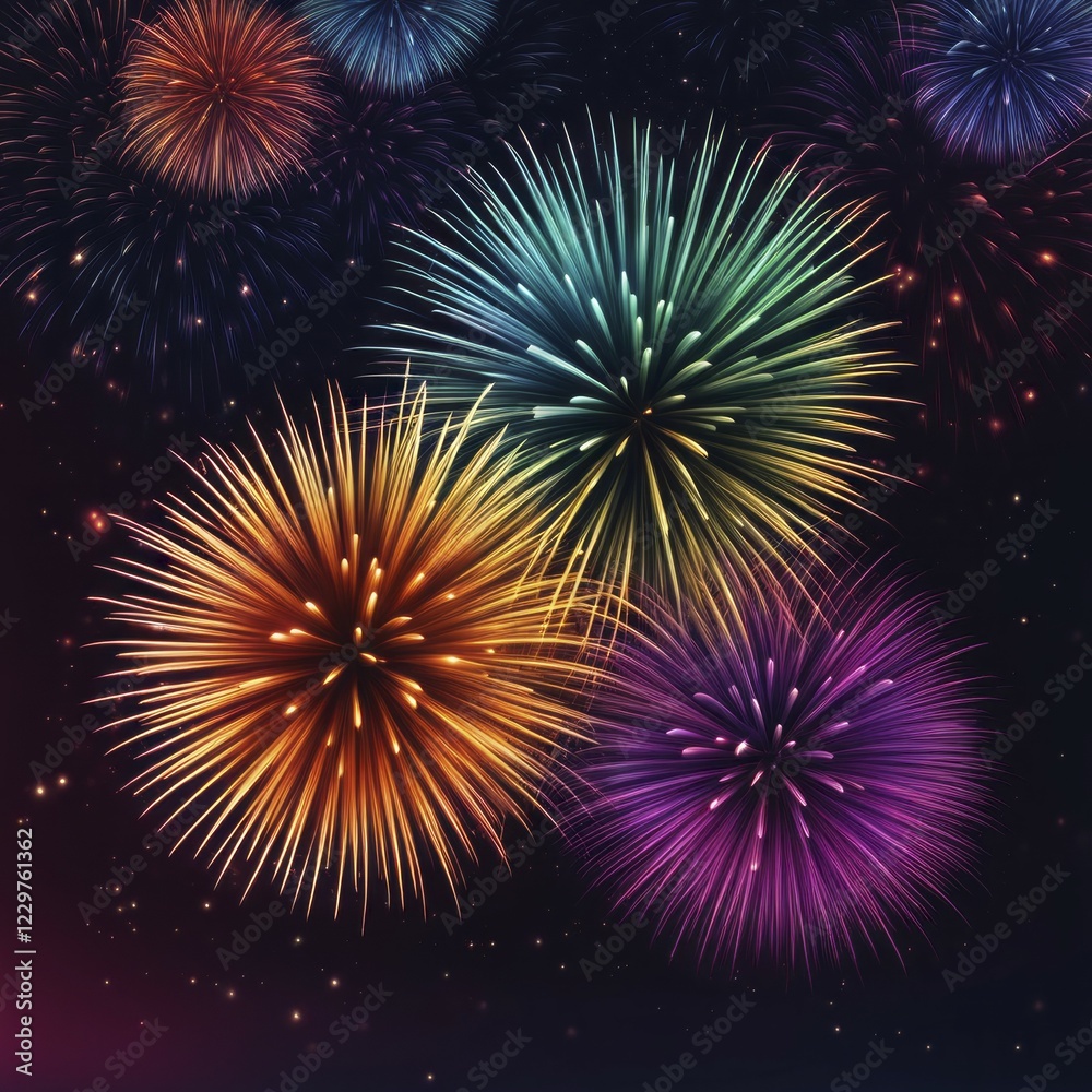 Cluster of large vibrant fireworks bursting in a dark night sky, AI generated Cluster of large vibrant fireworks bursting in a dark night sky, AI generated