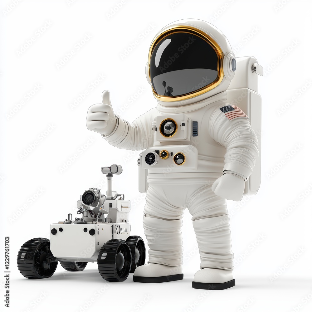 Naklejka premium n astronaut giving a thumbs-up gesture while standing next to a rover, placed on a clean white background