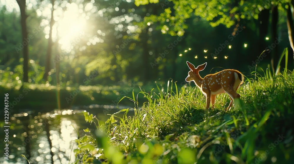 vibrant line connection of wildlife in a serene natural habitat, showcasing grazing deer near a tranquil river vibrant line connection of wildlife in a serene natural habitat, showcasing grazing deer near a tranquil river