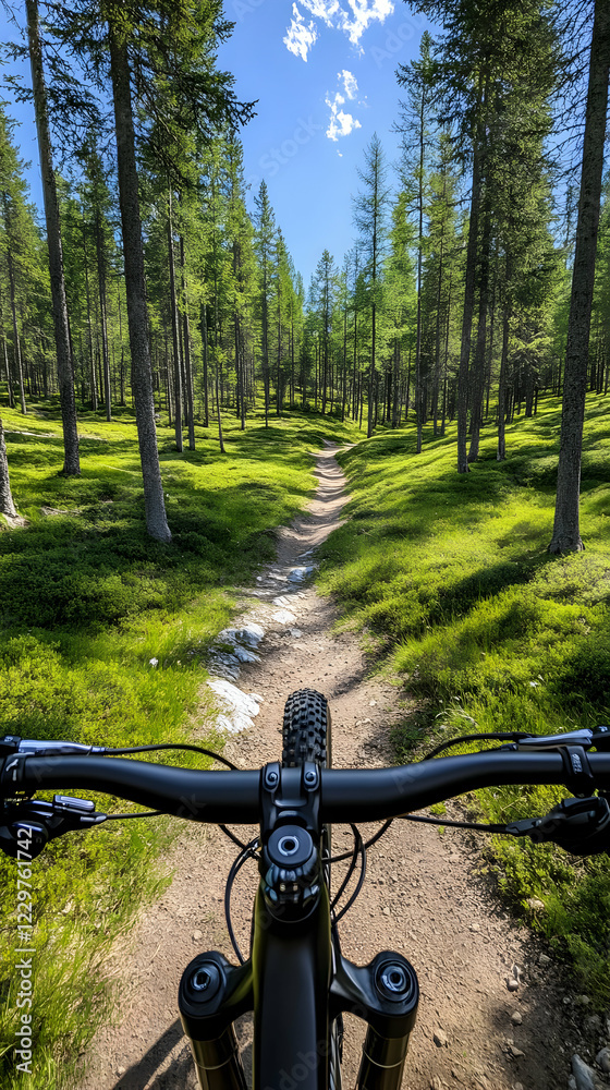 Mountain biking trail, sunny forest Mountain biking trail, sunny forest