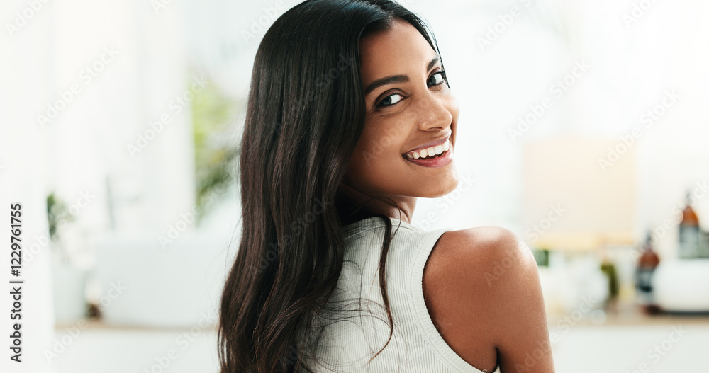 Bathroom, portrait and woman with smile for hair care, growth cosmetics and soft texture with beauty. Home, female person and satisfied with treatment for hairstyle, smooth and keratin in apartment Bathroom, portrait and woman with smile for hair care, growth cosmetics and soft texture with beauty. Home, female person and satisfied with treatment for hairstyle, smooth and keratin in apartment