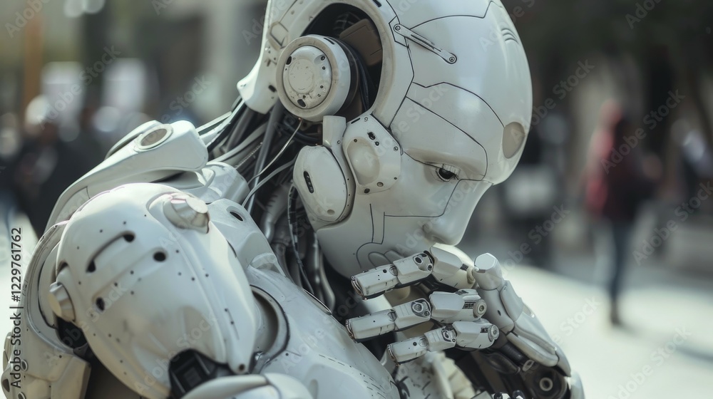 Fototapeta premium An android walks in an urban setting, casually passing by human pedestrians, ai generated, AI generated