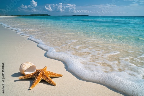 A beautiful painting shows a starfish and seashell on a beach photo