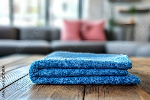 Blue Cleaning Cloth Folded on Wooden Table, Background Blurred Household Chores Concept. 