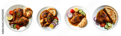 Full grilled chicken with gravy, with rumali bread , on a white plate, with tomato, onion, cucumber, one piece sliced lemon, transparent backgroun photo