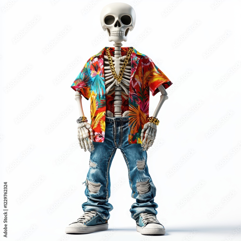 skeleton dressed in a colorful Hawaiian shirt, denim jeans, and sneakers, with a gold chain necklace, isolated on a bright white background skeleton dressed in a colorful Hawaiian shirt, denim jeans, and sneakers, with a gold chain necklace, isolated on a bright white background