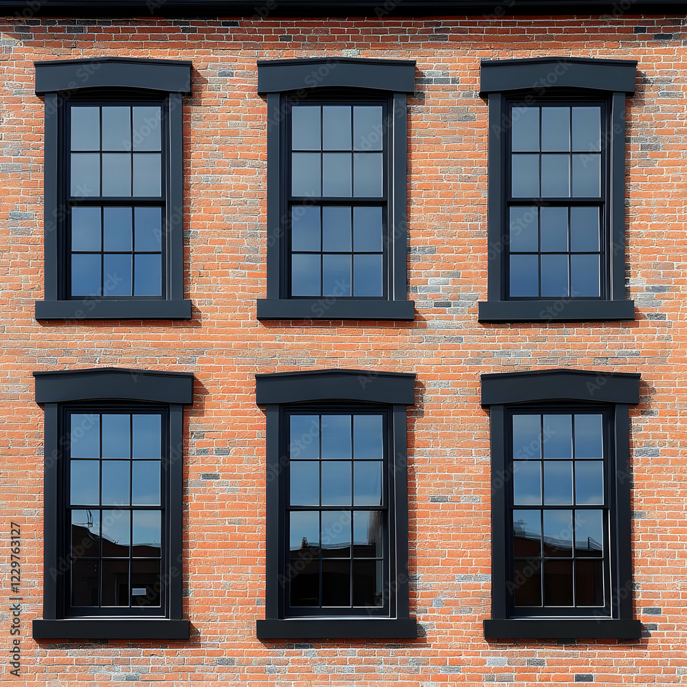 Brick building windows, city facade, sunlight Brick building windows, city facade, sunlight