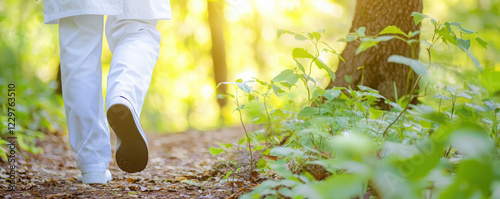 Walking through serene forest trail, person in white attire enjoys sunlight filtering through trees, surrounded by lush greenery and nature tranquility