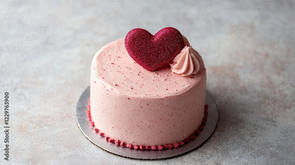 A simple yet elegant Valentine cake with smooth pink frosting, a red fondant heart, and subtle edible glitter, on a clean surface
