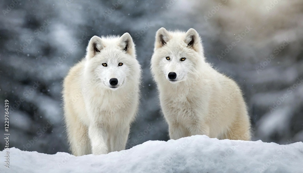Obraz premium KI generated, Germany, animal, animals, mammal, mammals, biotope, habitat, two foraging, wildlife, ice, winter, snow, winter forest, white, white, algonquin wolf (Canis lupus lycaon), Bavarian Forest, Germany, Europe