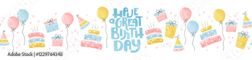 Fun hand drawn party seamless background with cakes, gift boxes, balloons and party decoration. Great for birthday parties, textiles, banners, wallpapers, wrapping - vector design
