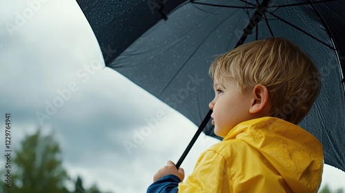 A child holding an umbrella beneath dark clouds and heavy rain, capturing the essence of innocence and melancholic reflection