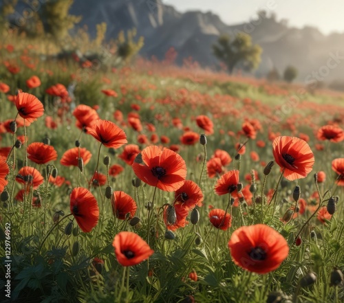 Autumn red poppies swaying gently in a breeze, wildflower, nature scene, landscape