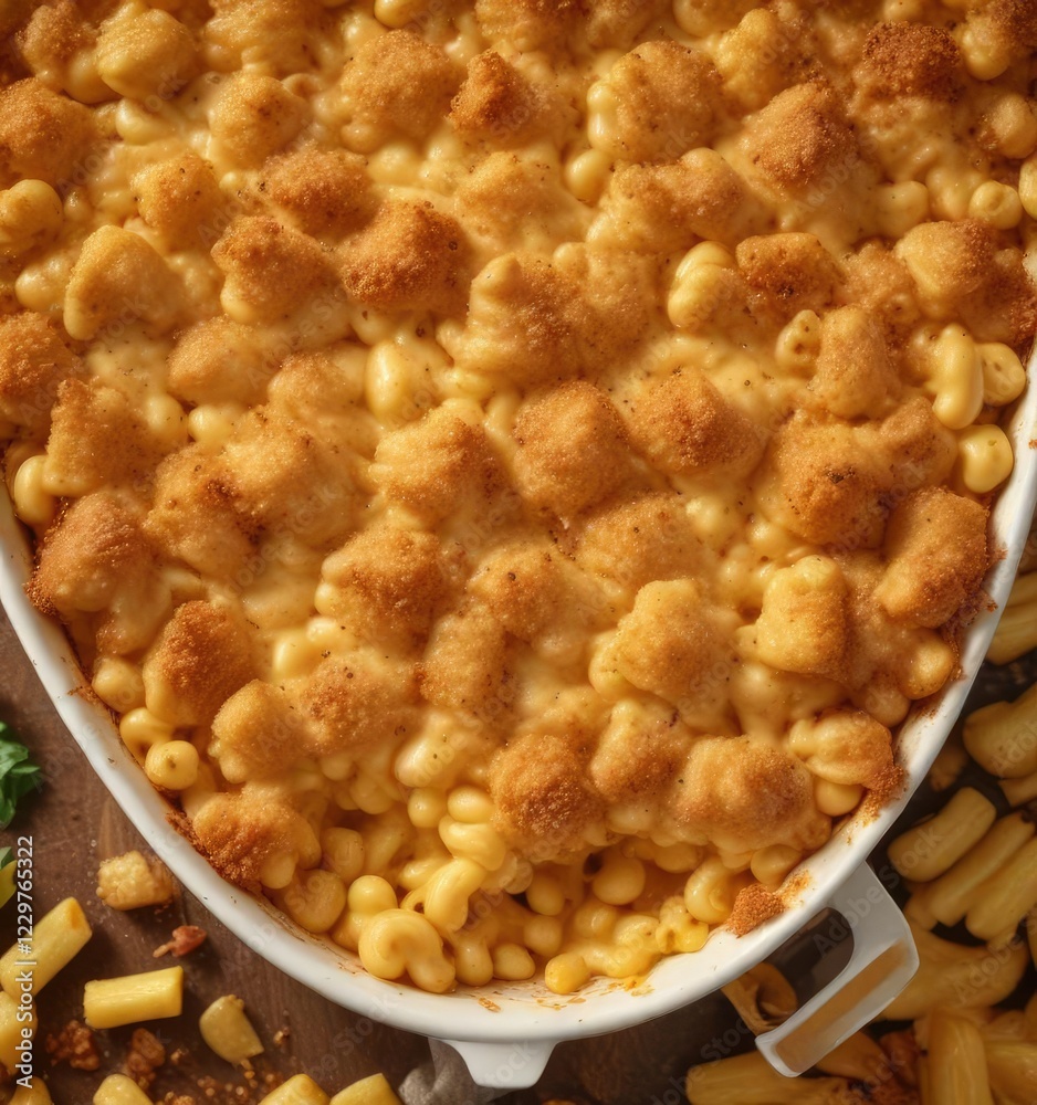 Baked macaroni and cheese with a crunchy golden-brown topping, straight from the oven, warm meal, baked macaroni Baked macaroni and cheese with a crunchy golden-brown topping, straight from the oven, warm meal, baked macaroni