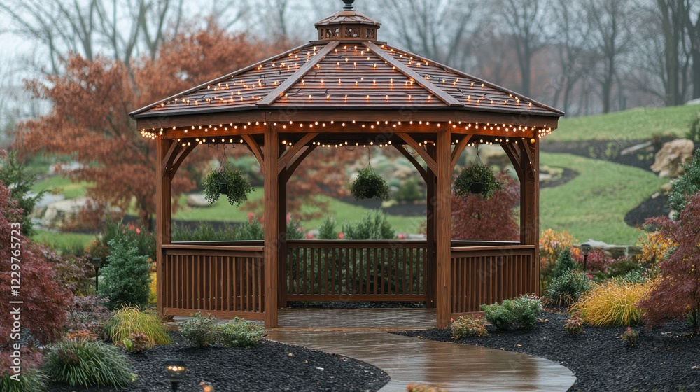 Naklejka premium Illuminated gazebo in autumn garden.