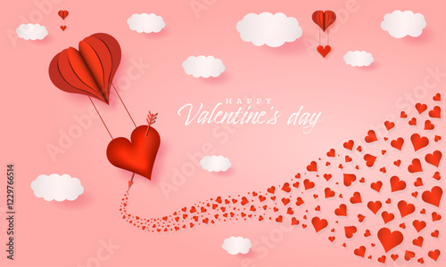 Happy valentines day romantic card, 3d balloon, hearts flying, clouds, paper cut vector. 3d love concept background wallpaper to use for valentines day, romantic 14 february project.