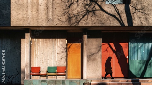 Warm light casts sharp shadows on a modernist building facade with a person in motion, brutalism, architecture, AI generated photo