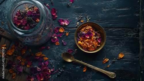 Dried Flower Petals in Glass Jar and Wooden Spoon on Dark Table photo