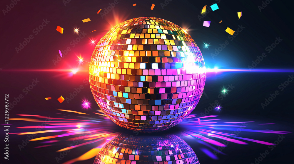 Obraz premium vibrant disco ball reflecting colorful lights, creating lively atmosphere with sparkling effects and confetti. Perfect for party themes and celebrations